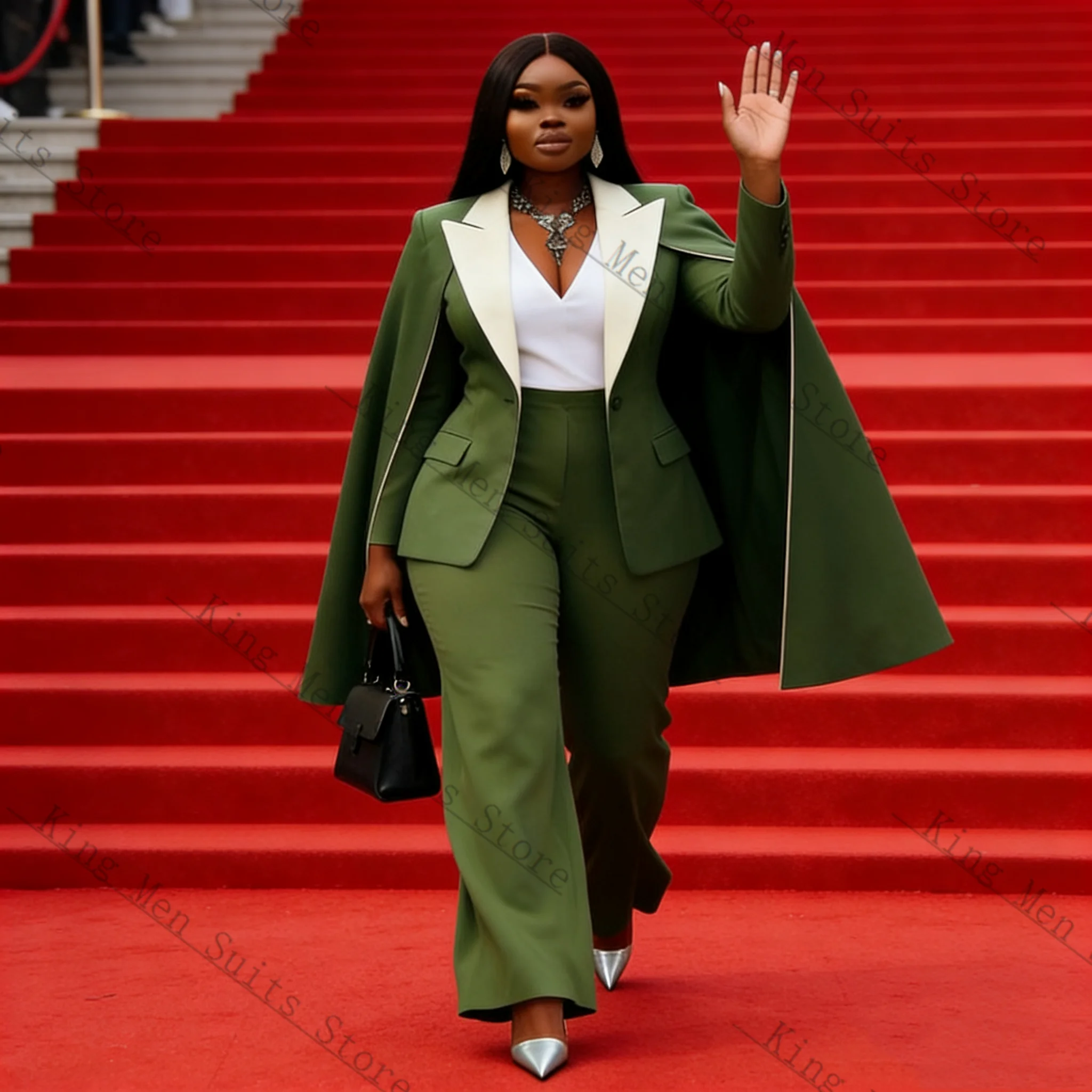 

Cape Wrap Women Suit Set 2 Pcs Blazer Pants Spring Cotton Green White Customized Formal Office Wedding Tuxedos Coat Prom Jacket