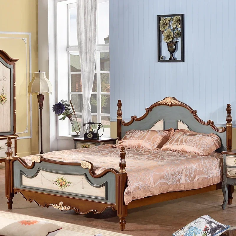 

Double bed master bedroom, American retro painted 1.5 meters high box bed