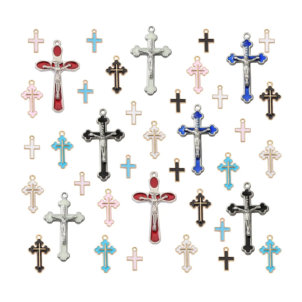 56pcs/box Alloy Enamel Pendants Cross for Jewelry Making DIY Mixed 3Size Mixed Color