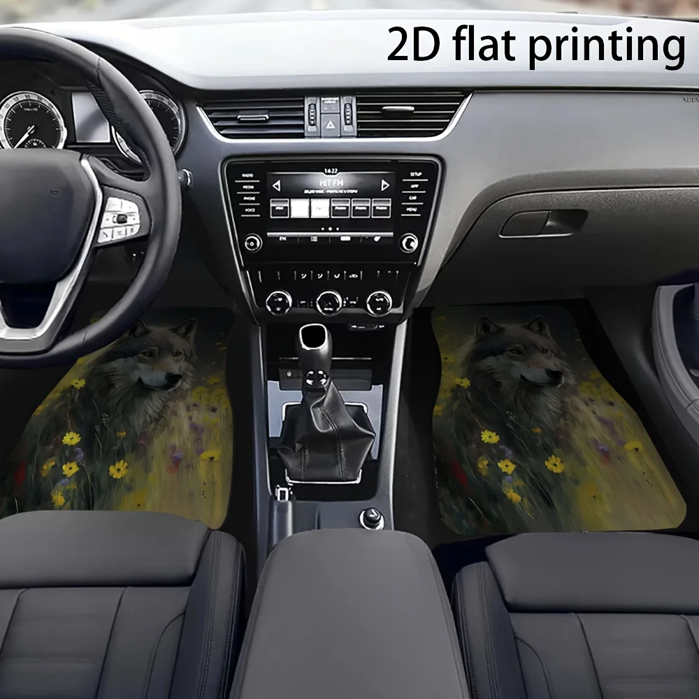 4pcs Car Floor Mats, Wolf In The Flower Pattern Designs, Polyester Material Universal Fit For All Seasons Wear-Resistant Interio
