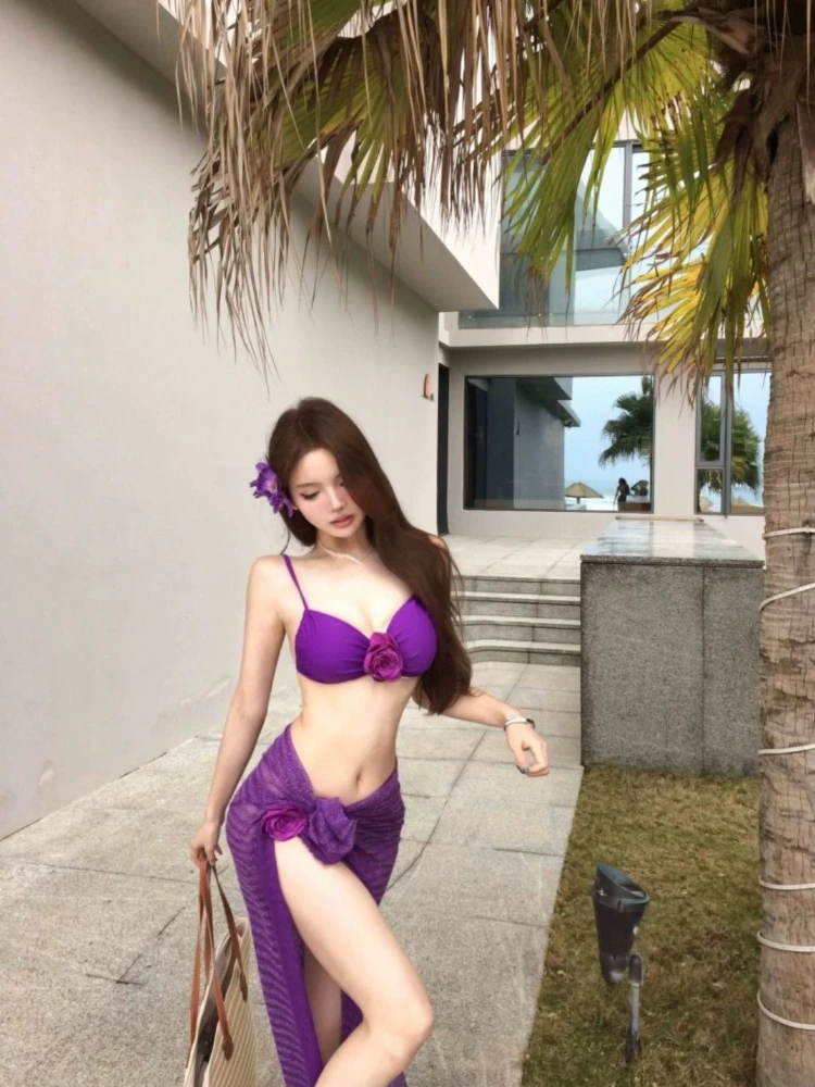 Korean Fashion Purple Bikini Swimsuit 3PCS Bathing Suit Set Wire Free Padded Cups Backless Design for Summer Seaside Travel