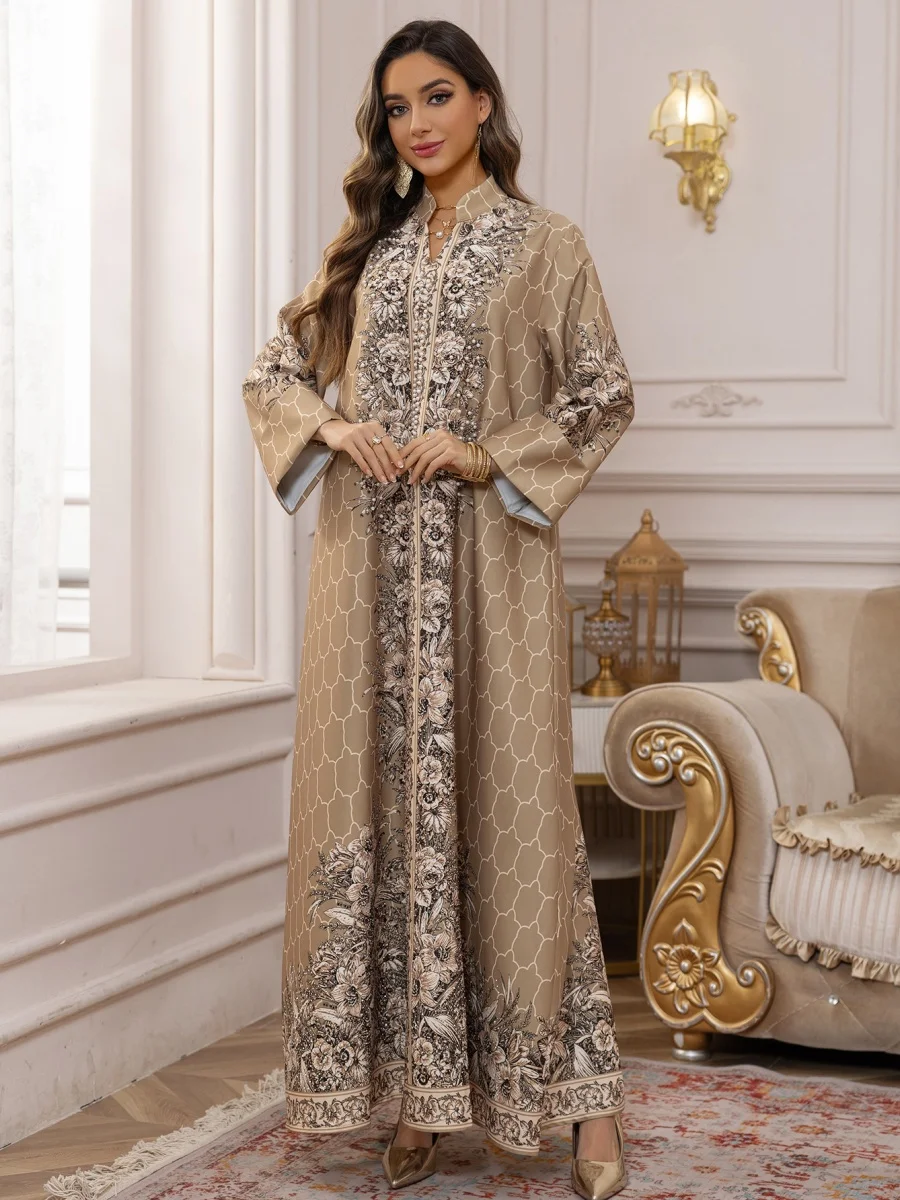 Siskakia Ramadan Moroccan Jacquard Abaya Dubai Beaded Bright Line Decoration Kaftan Luxury Woman Evening Dress