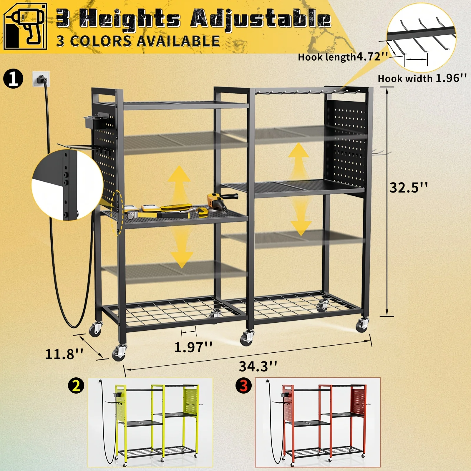 Power Tool Organizer Featuring a Charging Station, a Mobile Tool Cart Equipped with 12 Drill Holders, 5 Storage Shelves