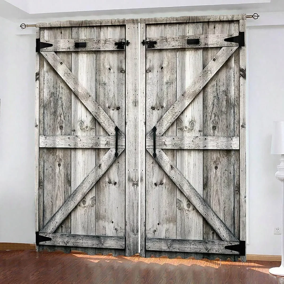 Rustic Farmhouse Barn Door Curtains Pair Wood Panel Window Dressing for Living Room Bedroom Decor