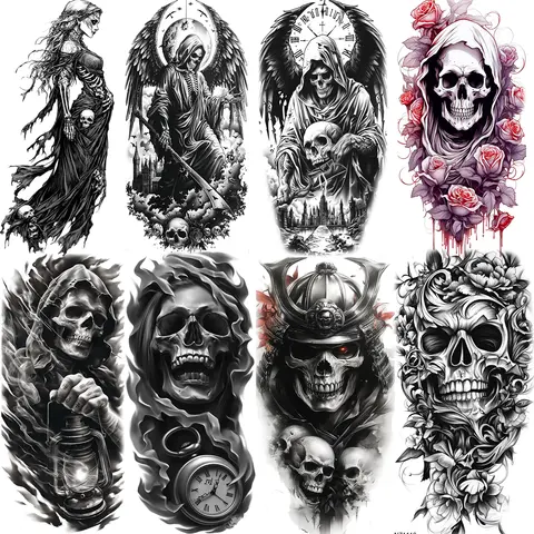 1 Sheet Evil Grim Reaper Skull Temporary Tattoos For Men Women Halloween Tatoos Waterproof Realistic Fake Tattoo Makeup Sticker