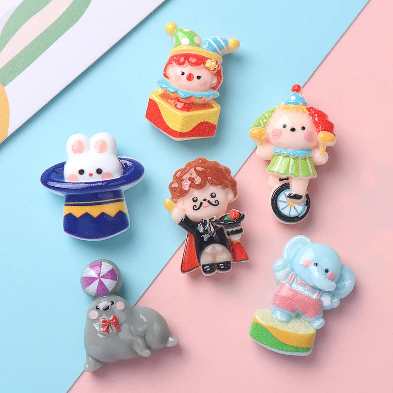 10Pcs New Cute Cartoon Circus Magician, Sea Lion, Clown Series Flat Back Ornament Jewelry Bows Accessories