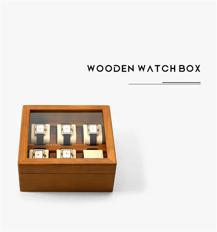 Oirlv Wood Watch Storage Box Delicate Dustproof Glass Cover Watch Box Wristwatch Collection Box Display Storage 6-Gird Watch Box