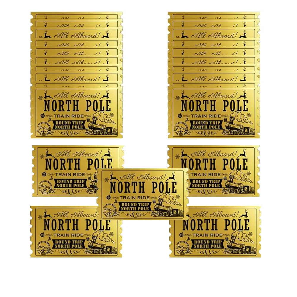 Christmas Gold Foil Believe Ticket North Pole Train Roll Christmas Stickers for Polar Express Day Party School Reward 25Pcs