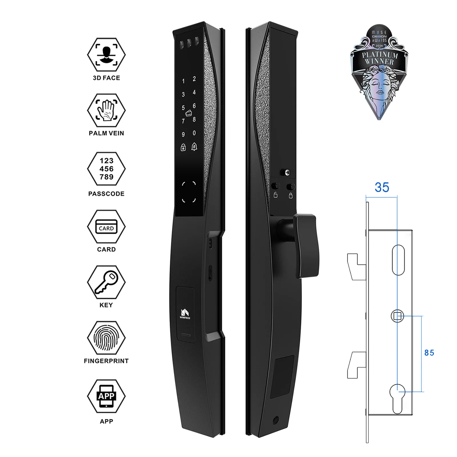 WINFREE Slim Sliding Door Digital Smart Lock 3D Face Recognation with Palm Vein Fingerprint Card Keyless Tuya Wifi Smart Lock