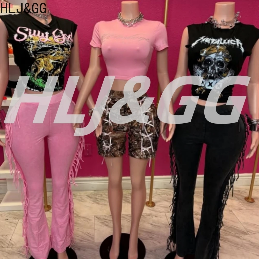 

HLJ&GG Y2K Fashion Pattern Print Two Piece Sets Women O Neck Sleeveless Top And Skinny Tassels Pants Outfits Summer New Clothing