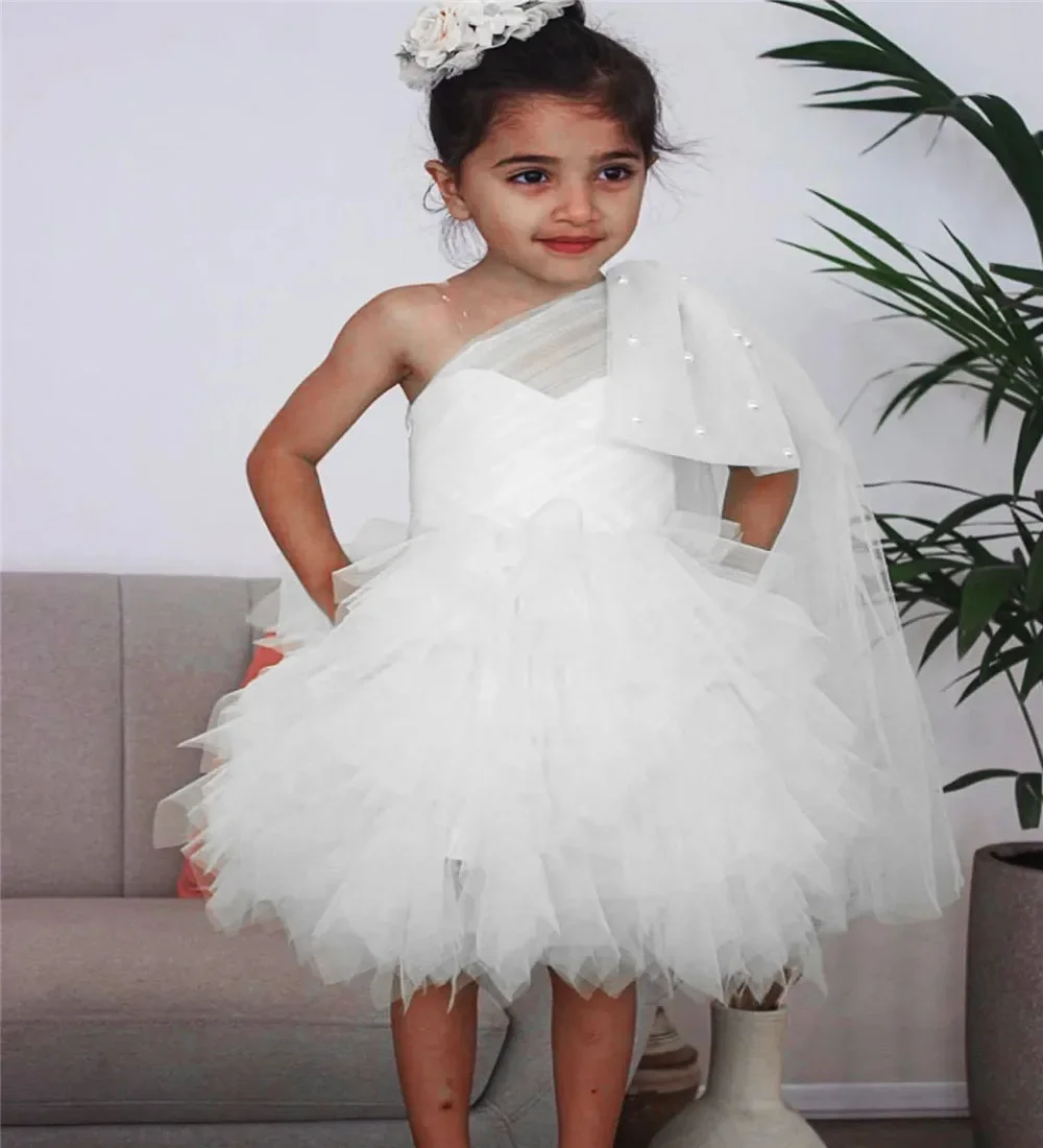 Lovely Baby Girls Flower Girl Dress White Pearls Ball Gown Tulle Tiers Vintage Kids Birthday Tutu First Communion Dresses