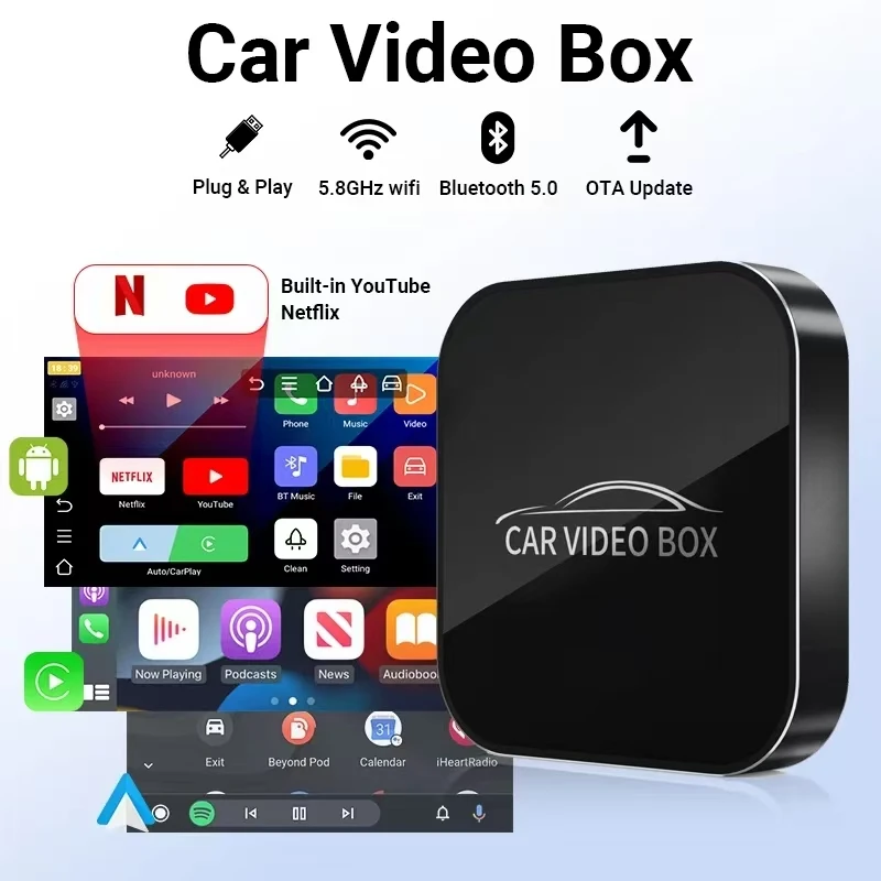 2025 New Smart Ai Box Wireless Carplay Adapter Android Auto Apple Carplay Car Multimedia Player Built-in Youtube Netflix