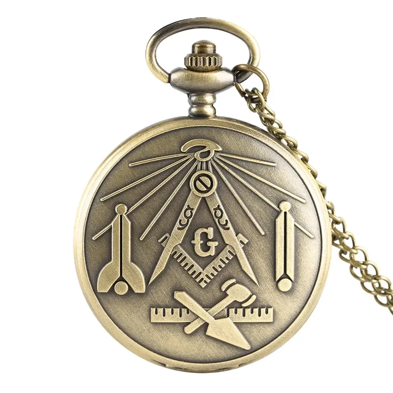 Retro Masonic Freemason Design Men Women Pocket Watch Quartz Analog Display G Pattern Freemasonry Necklace Chain Clock