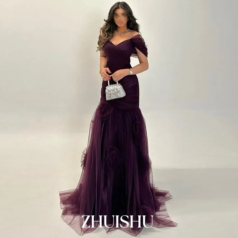 ZHUISHU фиолетовые вечерние платья в Саудовской Аравии с открытыми плечами, длинное платье ручной работы с цветами для выпускного вечера, платье для банкета и ужина по индивидуальному заказу