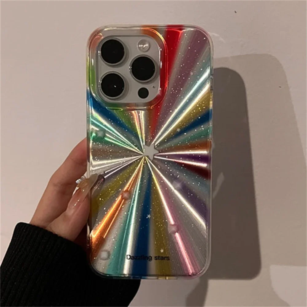 Luxury Laser Radiant Firework Rainbow Color Phone Case For iPhone16 15 14 13 12 11ProMax Glitter Star Lens Protection Soft Cover