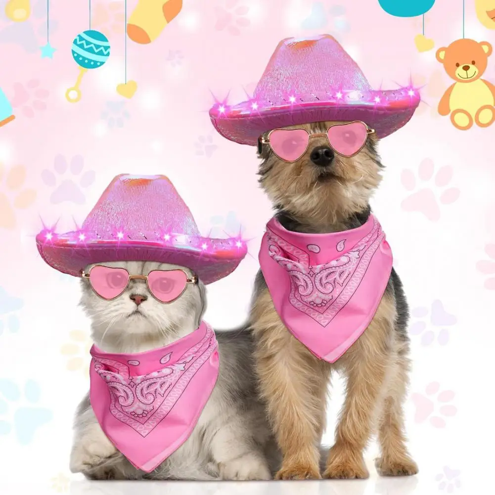 Cute Pet Photo Props Dog Western Cowboy Outfit Pet Cowboy Costume Set with Led Light Hat Heart Lens Glasses Lace-up Neck for Cat