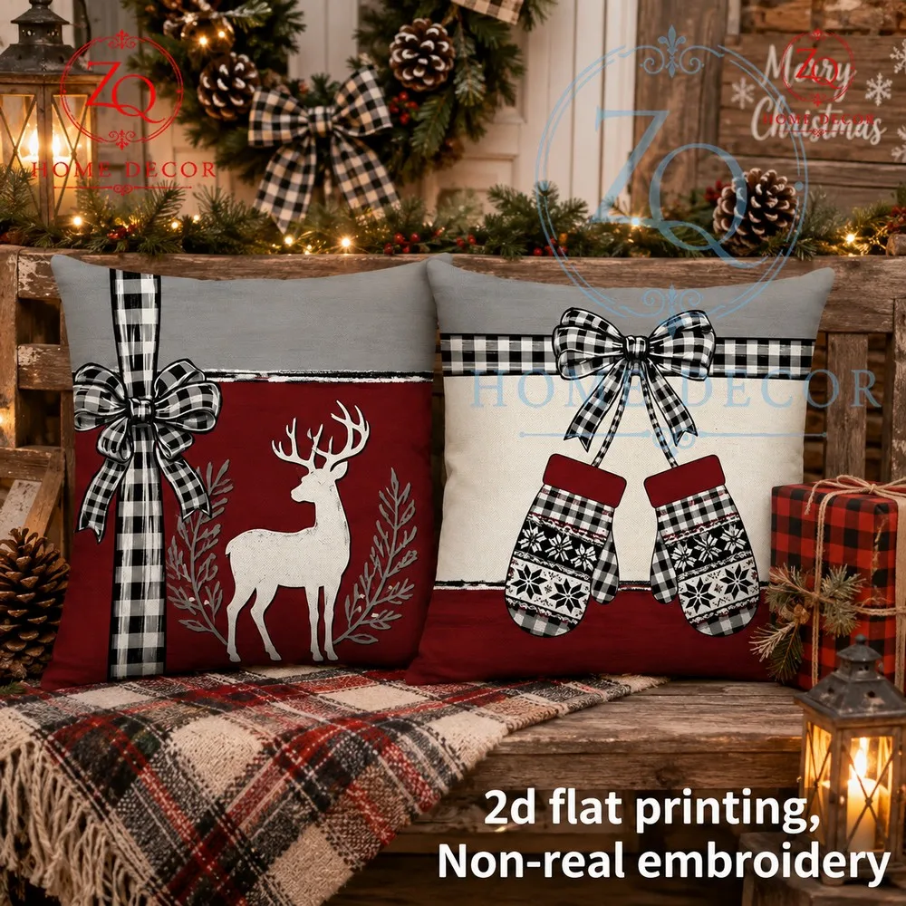 Retro red  black plaid paired with reindeer  glove prints crees a warm winter corner in the home perfect  festive decor