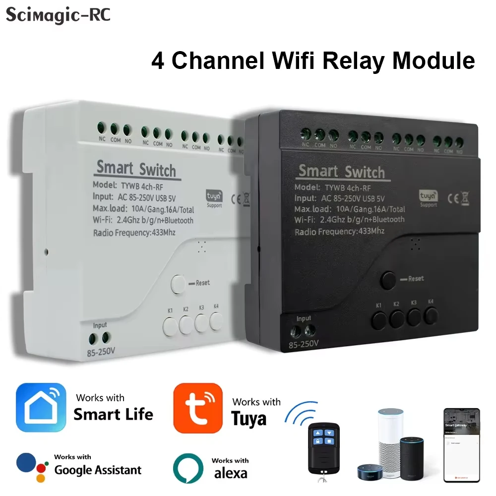 4CH Tuya Relay Wifi Smart Switch Module 5V 7-250V Black White Light Motor Receiver SmartLife APP Remote Control Work with Alexa