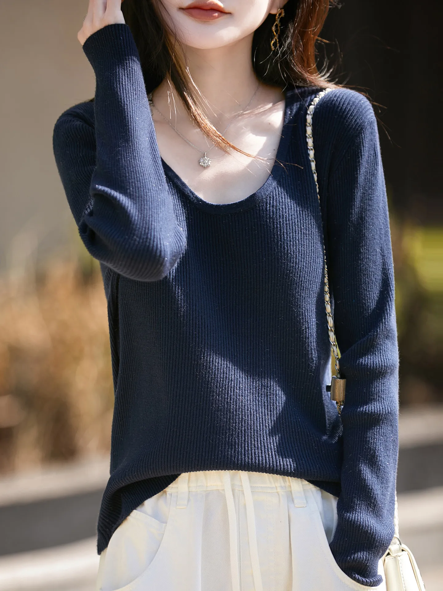 

Корейский простой вязаный свитер с V-образным вырезом, облегающий, с длинным рукавом, для весны и осени, базовая модель для повседневной носки