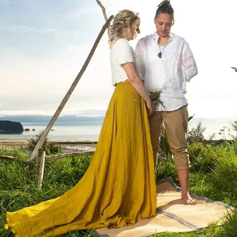 

Elegant Linen Wedding Detachable Train Turmeric Color Breathable Casual Long Dress Floor Length Tailing Woman Party Skirt 2022