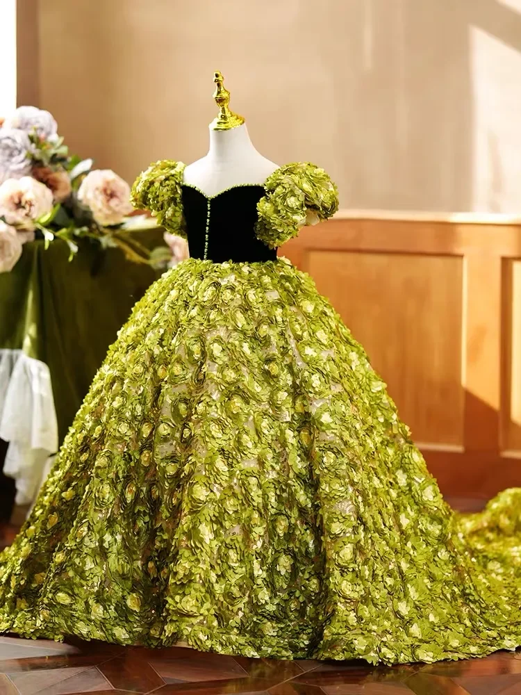 럭셔리 해변 풀 수제 꽃 소녀 공주 볼 가운, 첫 성찬식 무도회 의상 드레스, 꽃 2023