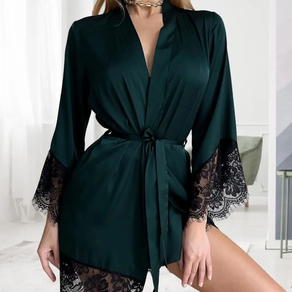 Women's Nightwear Lace Trimmed V-neck with Belt Satin Finish Homewear Sleepwear for Fall Spring Lace Sleeve