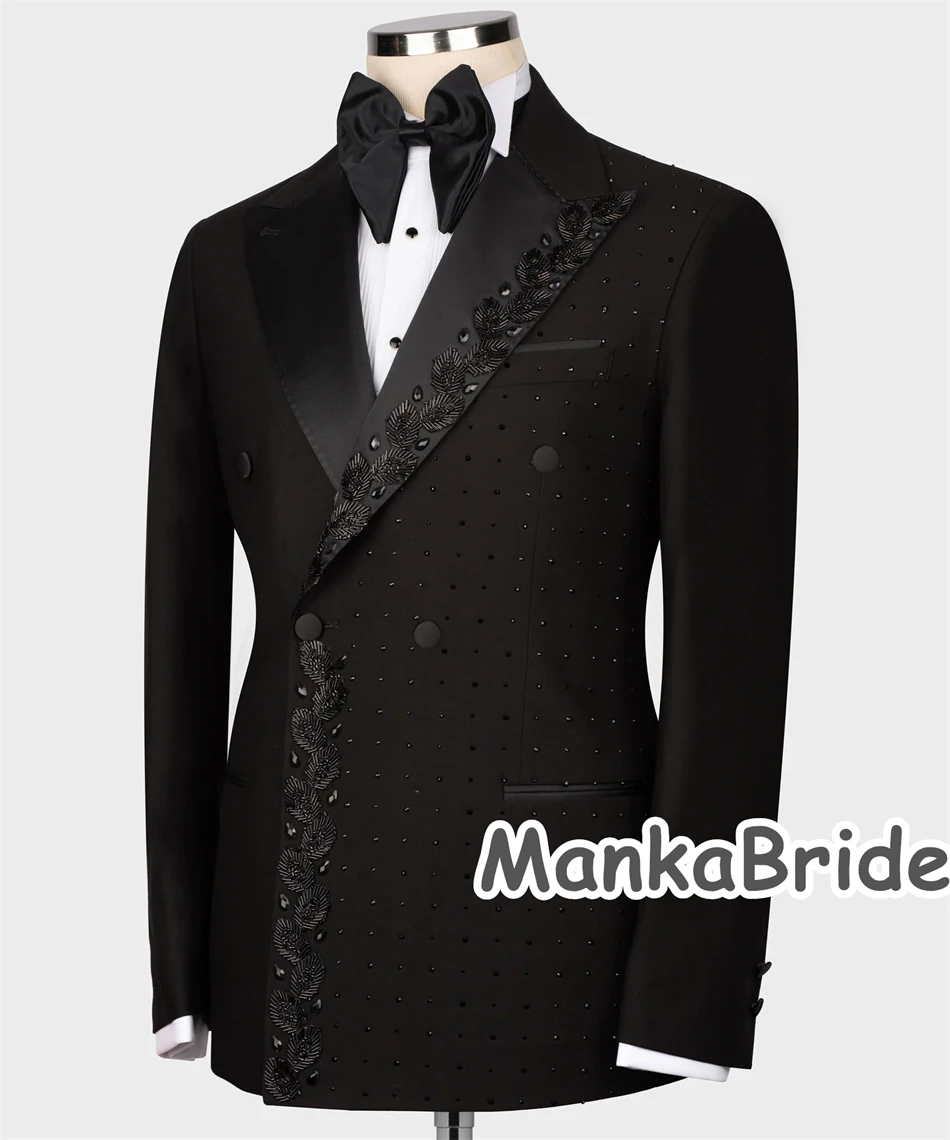 Luxury Black Groom Tuxedo with Crystal Double Breasted Blazer Pants Formal Party Men's Suit Blue Conjunto hombre