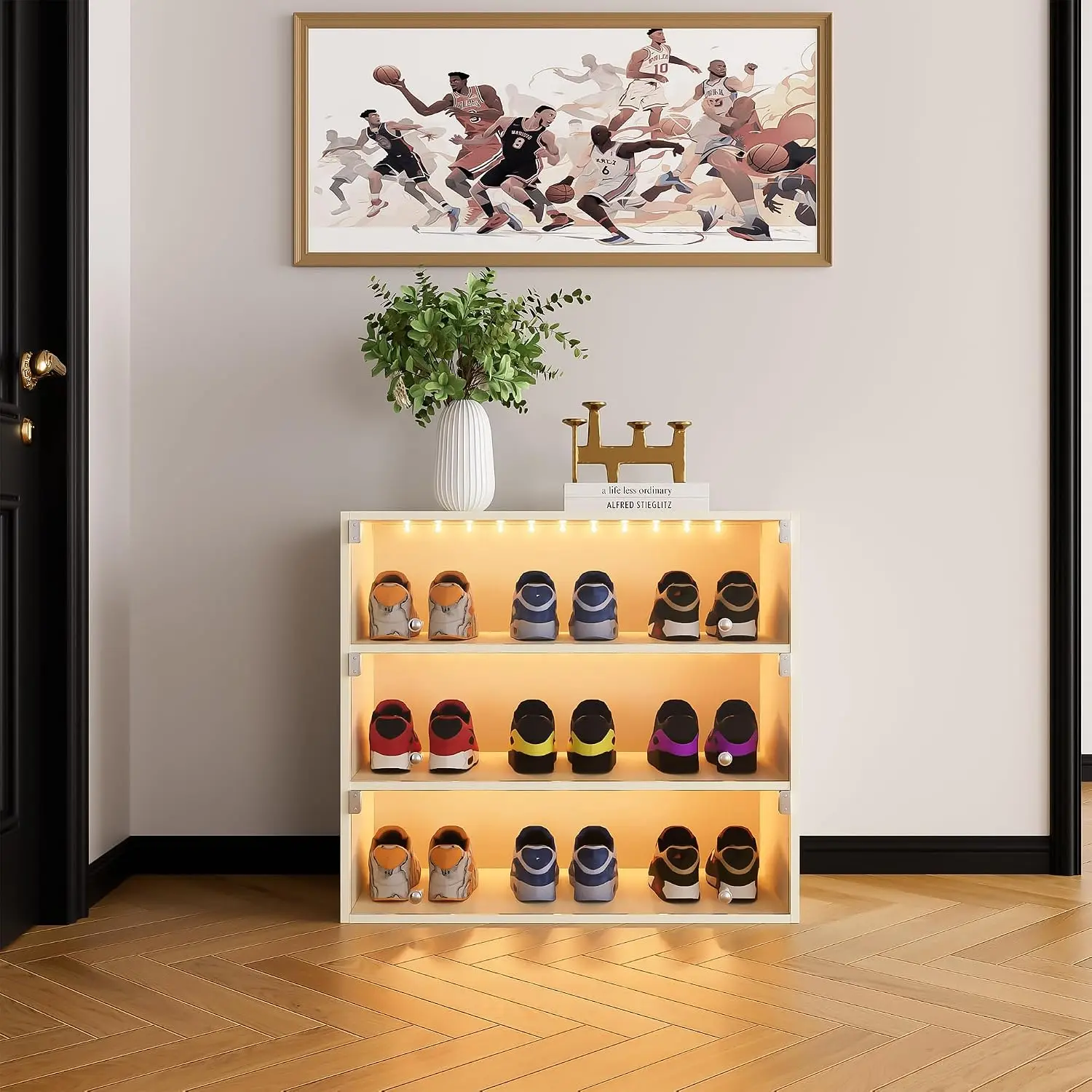 Wooden Shoe Storage Box, 3 Layers Shoe Organizer Storage Box with Glass Door, RGB Led Light and APP Control for Up, Customized