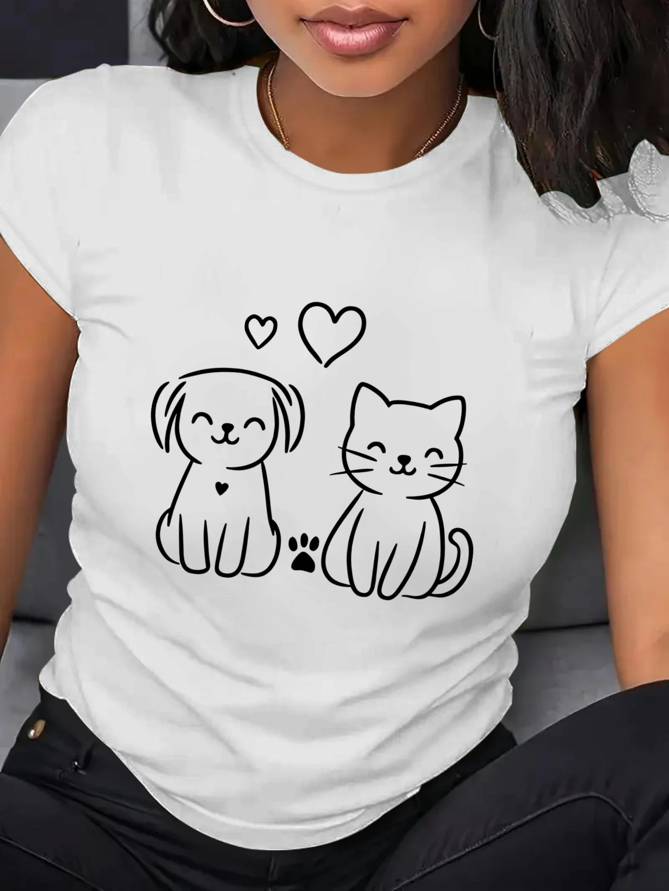 Ladies' Casual Cute Little Dog and Kitten Pattern Soft and Breathable Round Neck Top Comfortable and Fashionable Trendy T-shirt