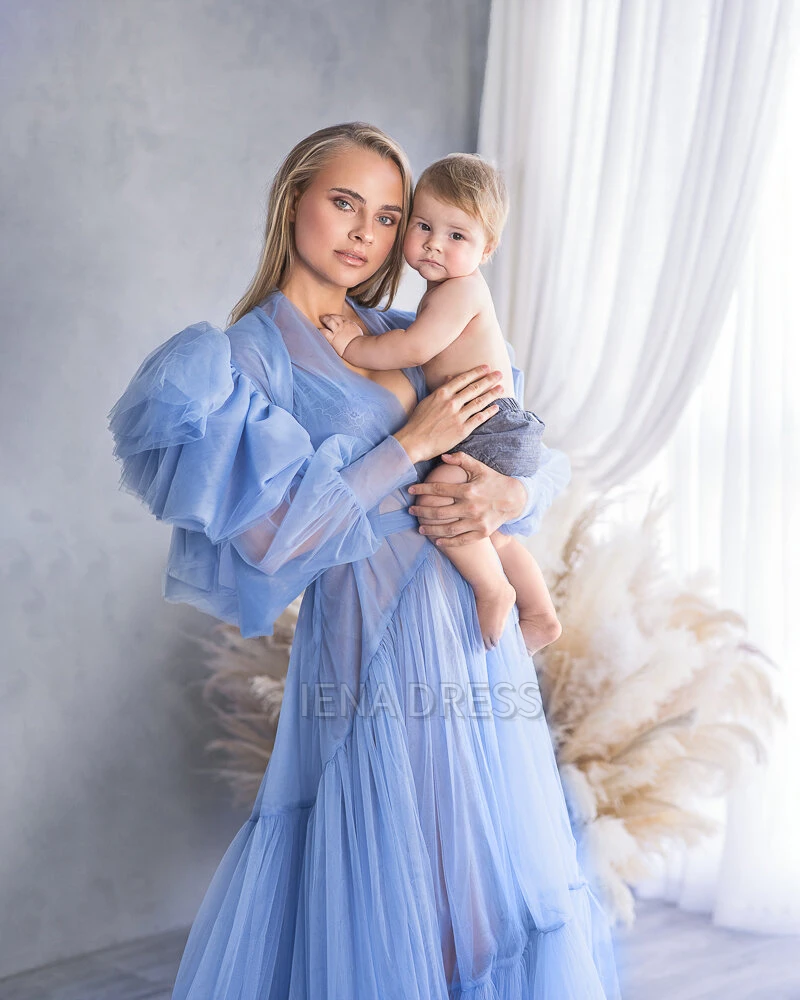 Blaues Umstands kleid mit V-Ausschnitt, gekräuselte Ärmel, transparenter Bademantel, Baby party kleider, Schwangerschaft fotografie kleid