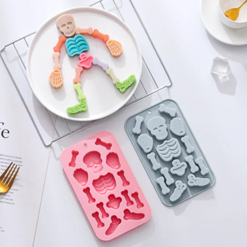 15 Holes Skeleton Chocolate Silicone Mould Human Skull Bone Candy Biscuit Baking Kit Cake Decor DIY Soap Candle Making Mold Gift