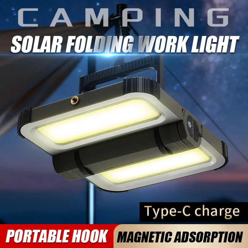 Portable Solar Camping Lantern Rechargeable Magnetic Work Light IPX5 Waterproof Outdoor Emergency Lamp COB Bright Wide Lighting