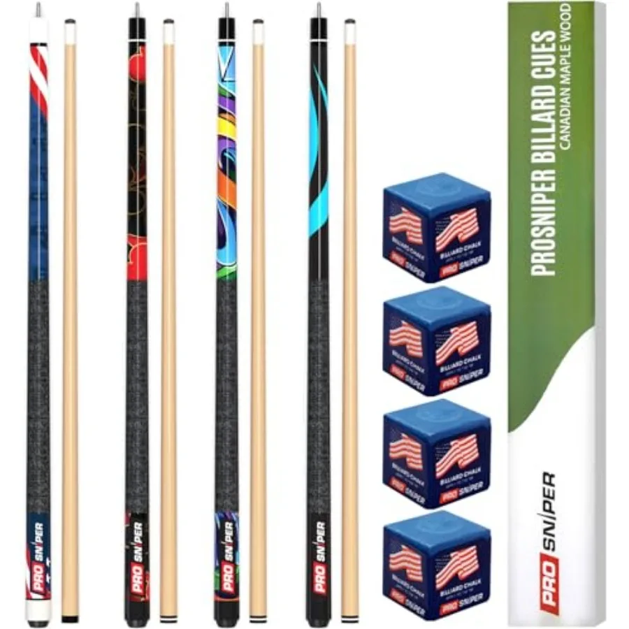 

Premium Pool Sticks Set of 4 58-Inch, 19-Oz Canadian Maple Pool Cue with Low-Deflection Shaft and 4 Extra Chalks Pro-Grade Bill