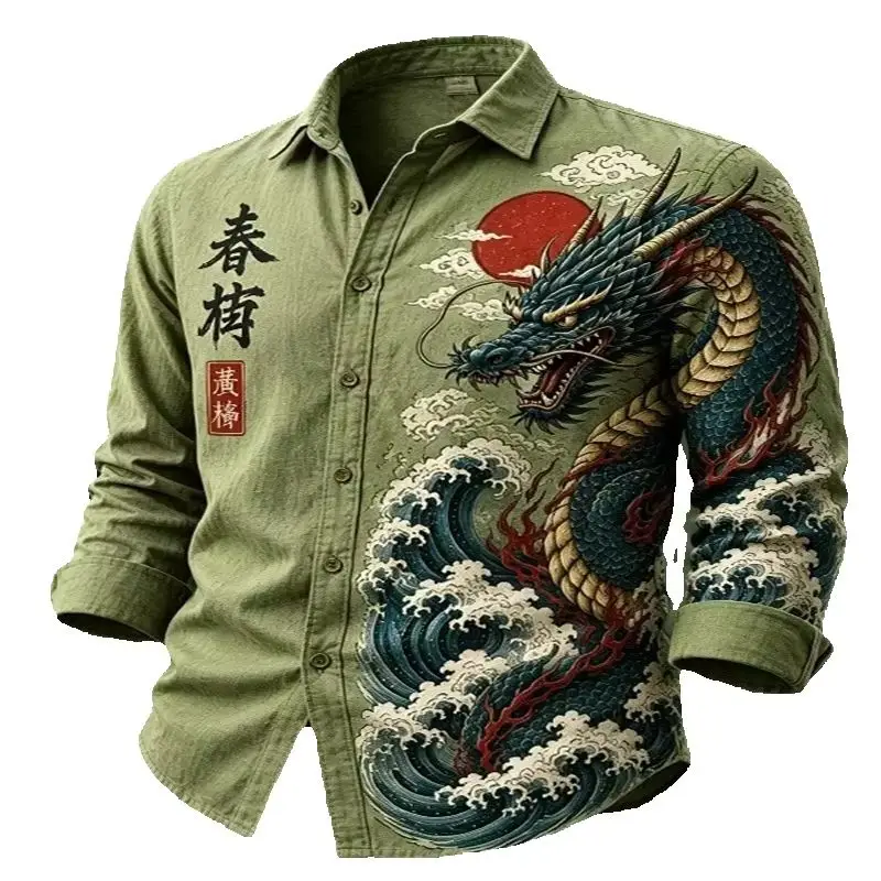 New Men's Chinese Style Trendy Casual Shirt with Oriental Dragon Xiangyun Wave Printed Long Sleeve Shirt