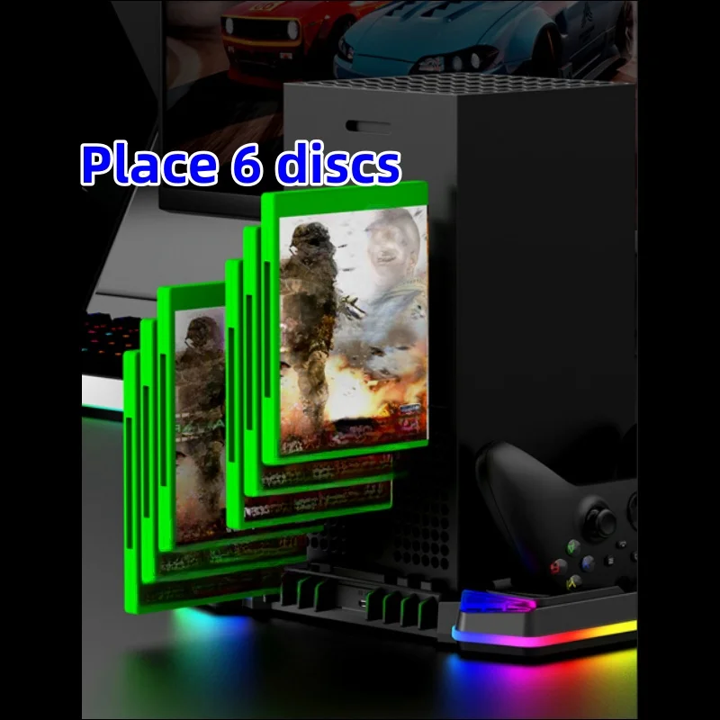 وحدة تحكم ألعاب Xbox Series X، قاعدة مروحة تبريد متعددة الوظائف مع مقبض مزدوج الشحن RGB وخطاف تخزين القرص الخفيف