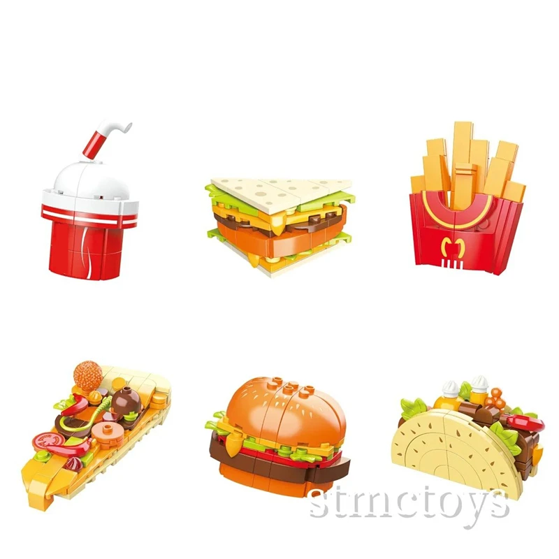 DIY MOC Refrigerator Magnet Sticker French Fries Hamburg Sandwich Taco Pizza Building Blocks Model Bricks Kids Sets Kits Toys