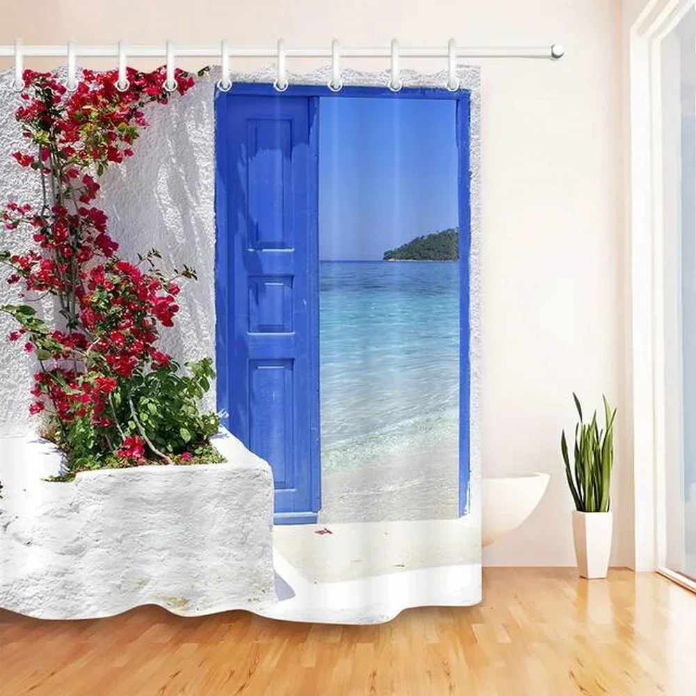 Red Flowers Blue Greek Door with a Sea View on Island Shower Curtains Waterproof Fabric Bathroom Curtain Set Home Bathtub Decor