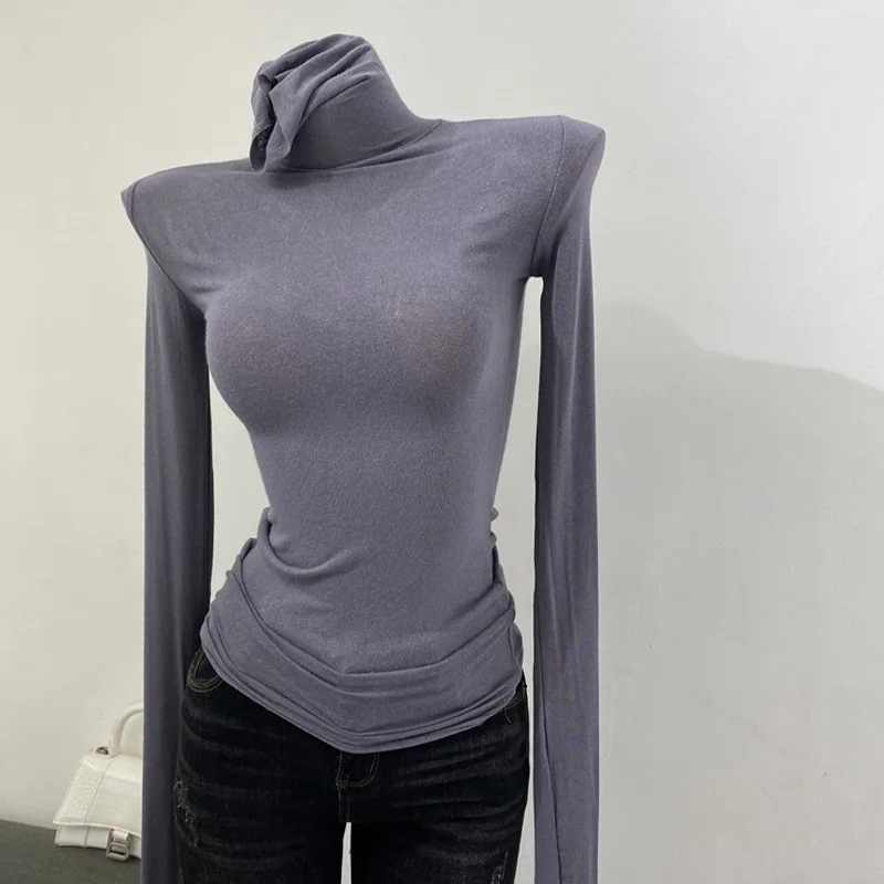 Dünnes, weiches amerikanisches Langarm-T-Shirt mit hohem gestapeltem Ausschnitt, enge Perspektive, Unterhemd für Damen, Slim-Fit-Tops, sexy Streetwear – Detail 5