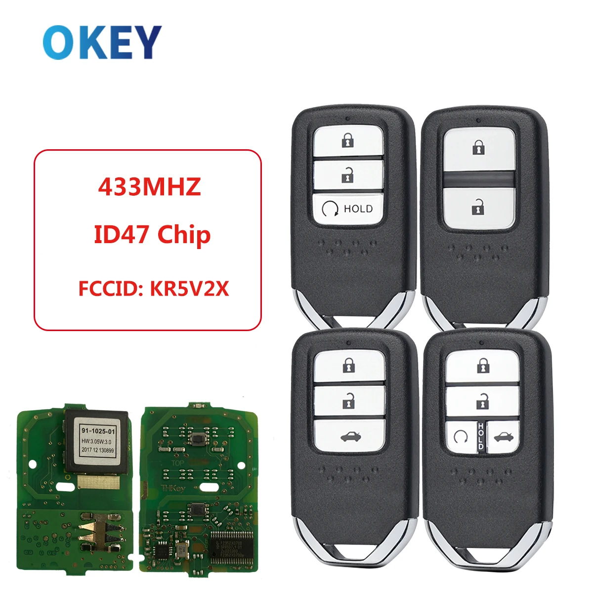 Okey Remote Car Key Control For Honda Piot CR-V Civic 2016 2017 2018 2019 2020 433MHz ID47 Chip KR5V2X 2/3/4 Button