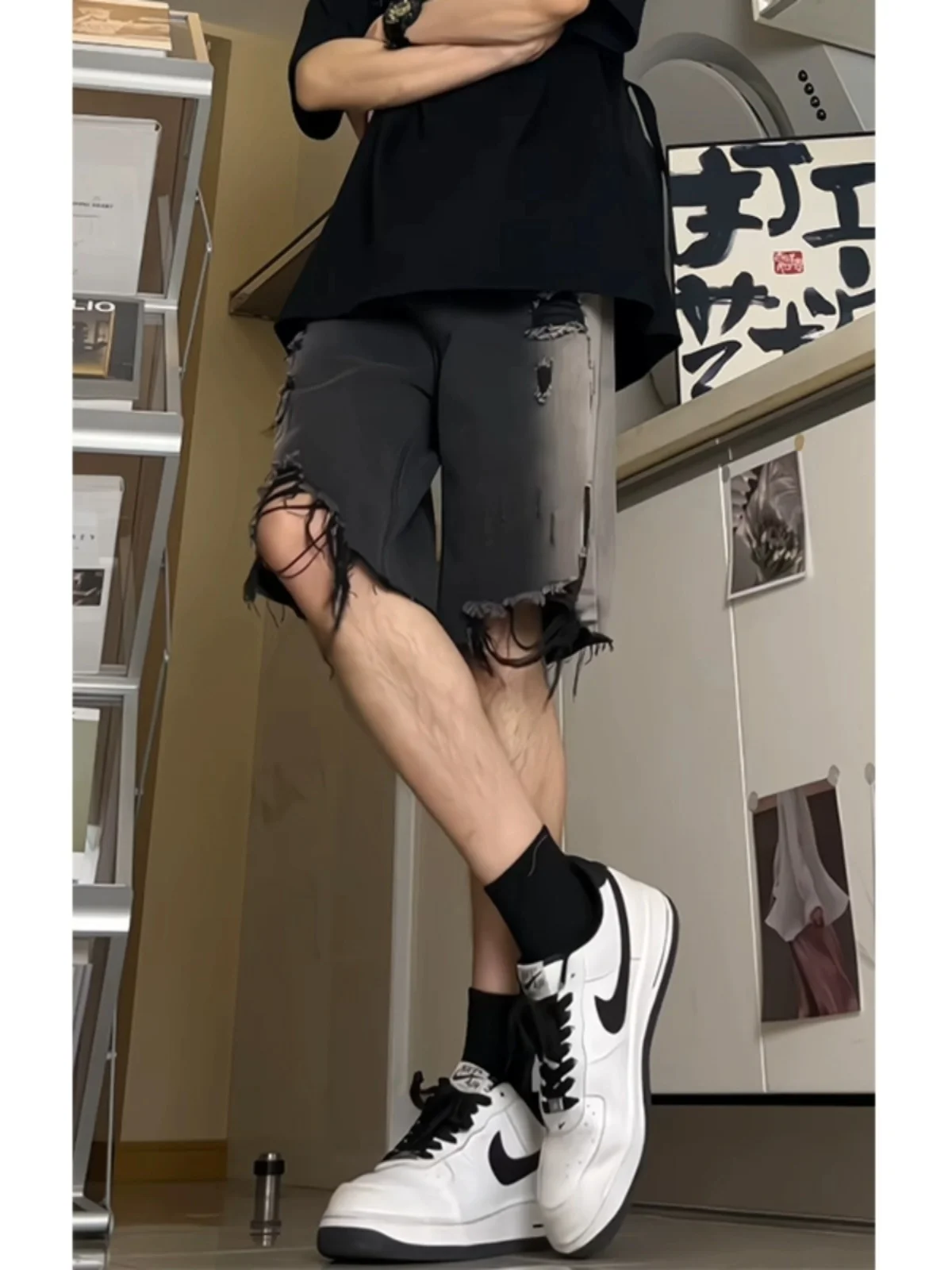 

Ripped Hem Denim orts Men Summer Five-Quarter Casual Straight American High Street Loose Fit Jeans ort Length Straight Leg