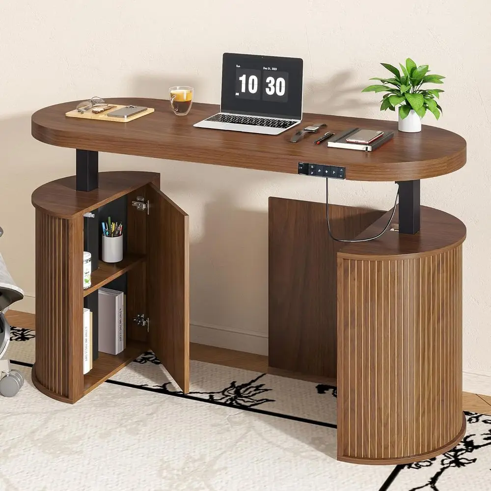 Century ern Electric Standing Desk with Storage, 55 x 22 Inch Small Sit Stand Up Desk, Wood Adjustable Height Computer Executive