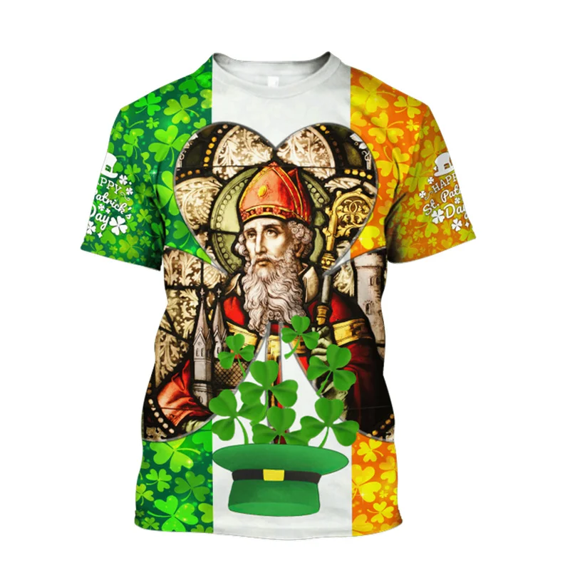 Fashion Saint Patrick Festival Street T-shirt Unisex Green Shamrock Pattern T Shirts Ireland Flag Pattern Popular Trend Tee Top