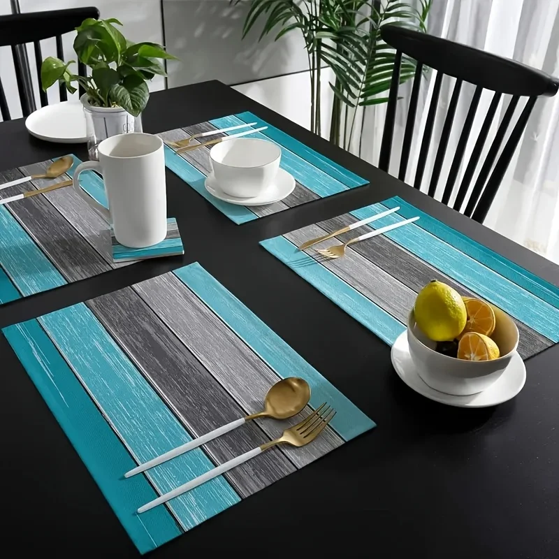 VIKAMA 4/6/8/10Pcs  Blue-Gray Striped Wood Grain Table Mat Machine Washable, Non-Slip, Waterproof Home Dining & Restaurant Decor