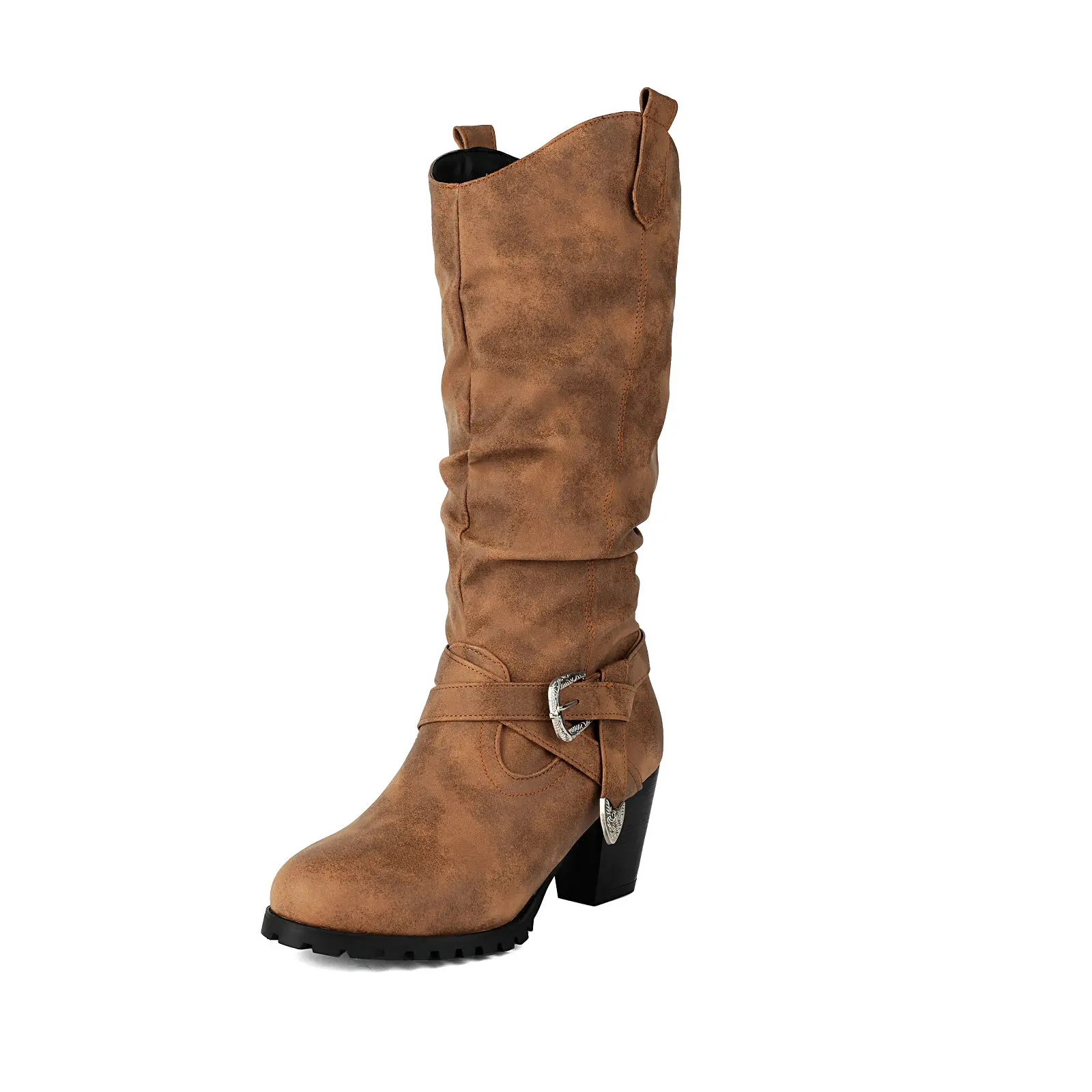 

Women Mid Calf Slouch Boots Western Style Chunky Block Heel Shoes Pull Tab Fall Winter Boots with Wrap Buckle