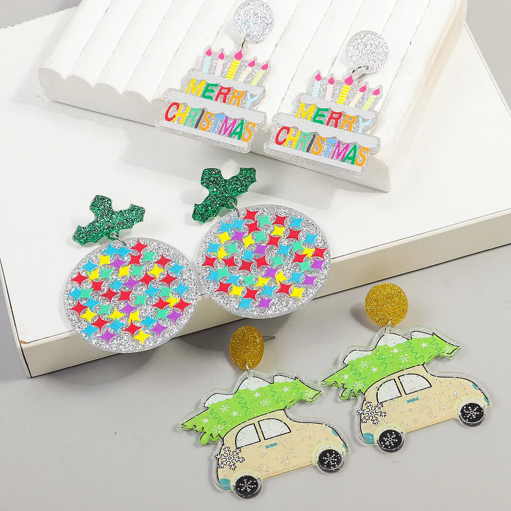 

Creative Merry Christmas Acrylic Earrings for Women Funny Cartoon Star Ball Cake Car Drop Earring Xmas Party Jewelry Gifts