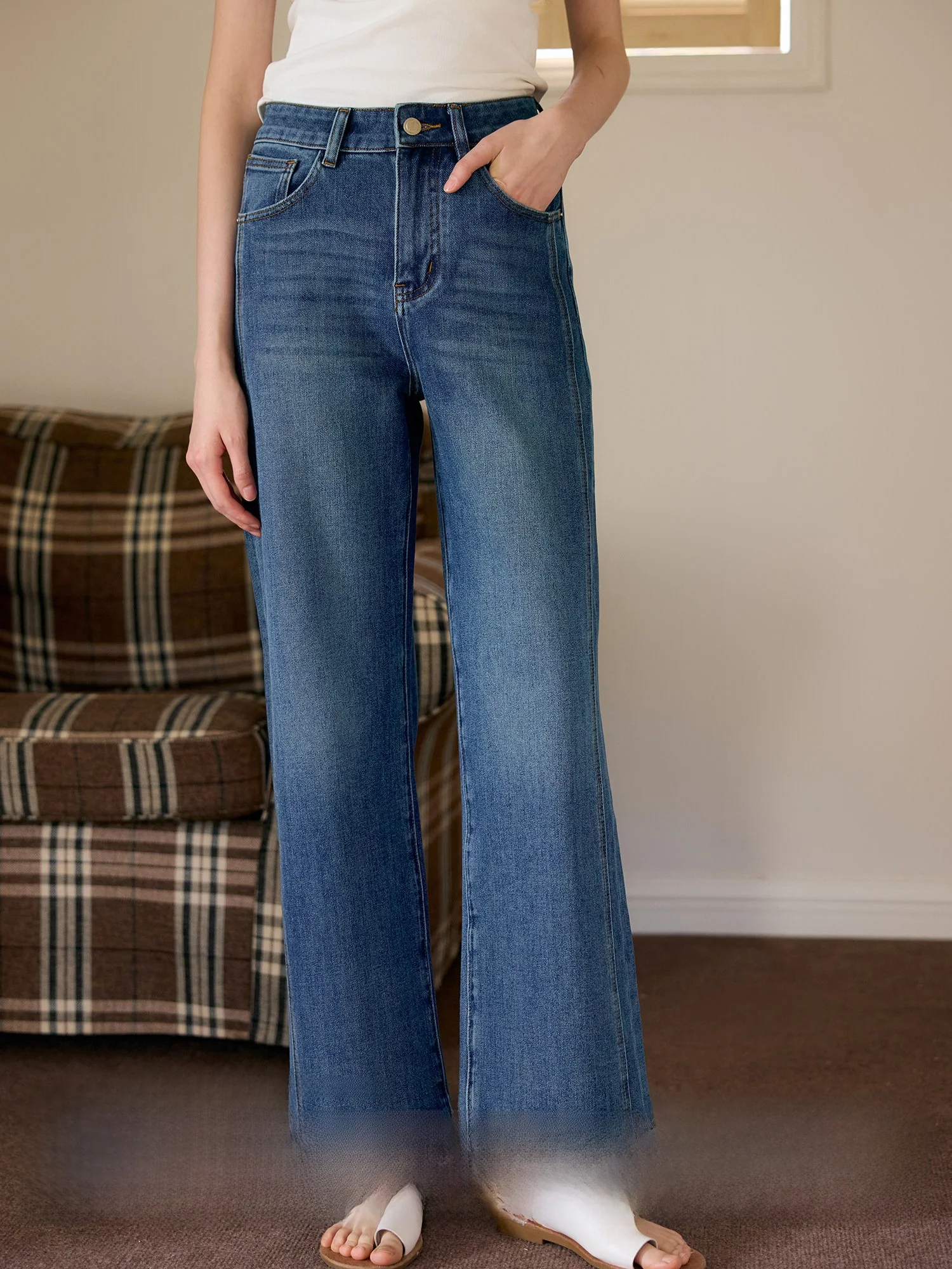 

Waed Vintage Blue Slim Straight Leg Jeans Women's High Waist Four Way Stretch Denim Pants from Qi Lin Holiday Collection