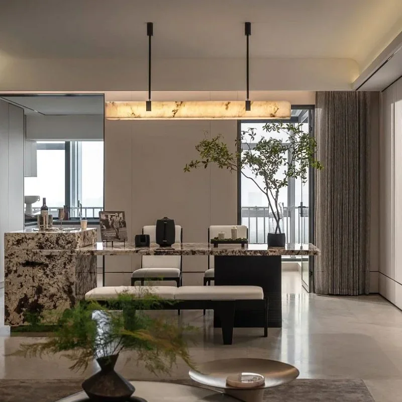 Modern Spanish Natural Marble Chandelier Living Room Dining Room Bar Brass Decorative Long Pendant Lamp Lighting for Living Room