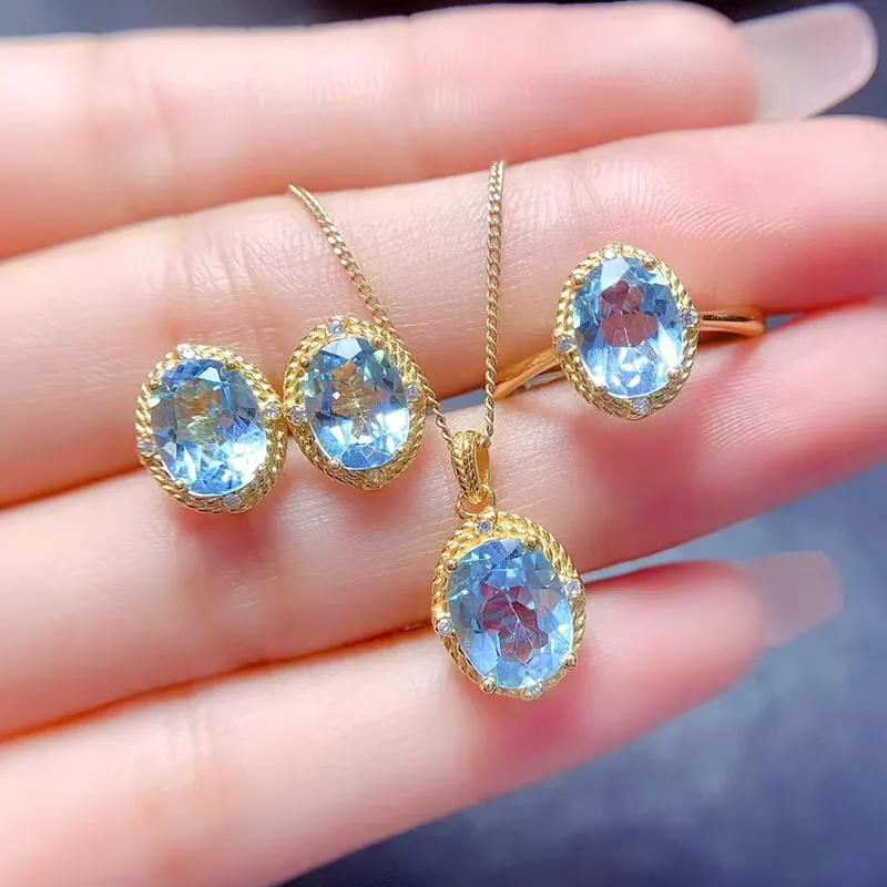 

Классический комплект ювелирных изделий из серебра 925 пробы для офисных женщин, 6 мм * 8 мм, 7 мм * 9 мм, всего 4,5 карата, кольцо с натуральным топазом, серьги, кулон