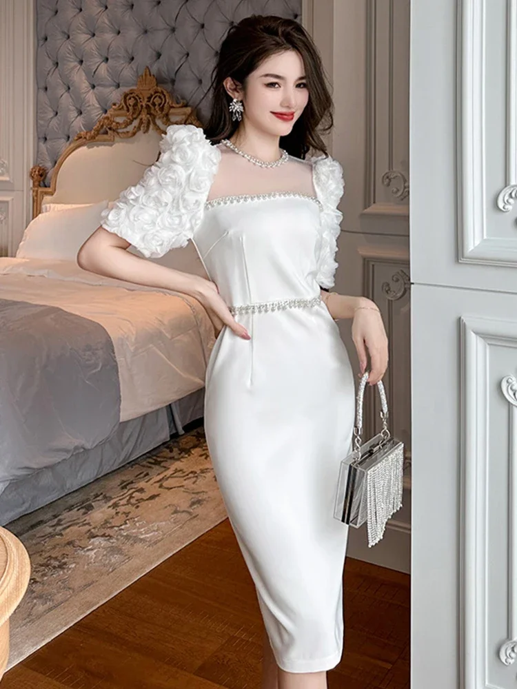 Vestido formal longo branco frisado, flores de malha pura, roupão fino, celebridade, festa de formatura, novo, verão, 2024