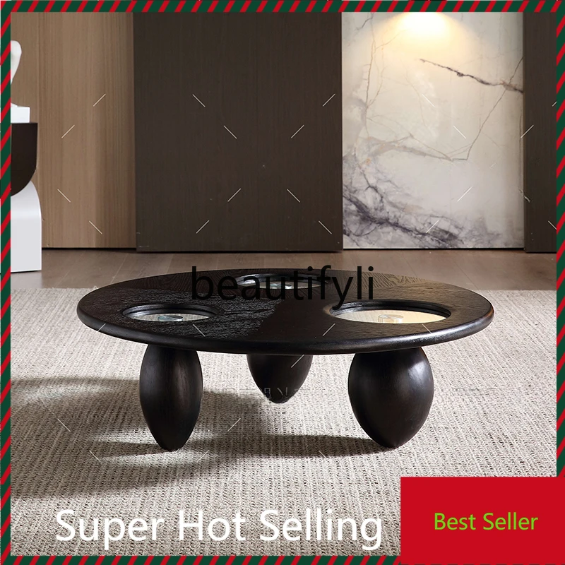 

Creative black round solid wood coffee table living room home light luxury tempered glass model G1218